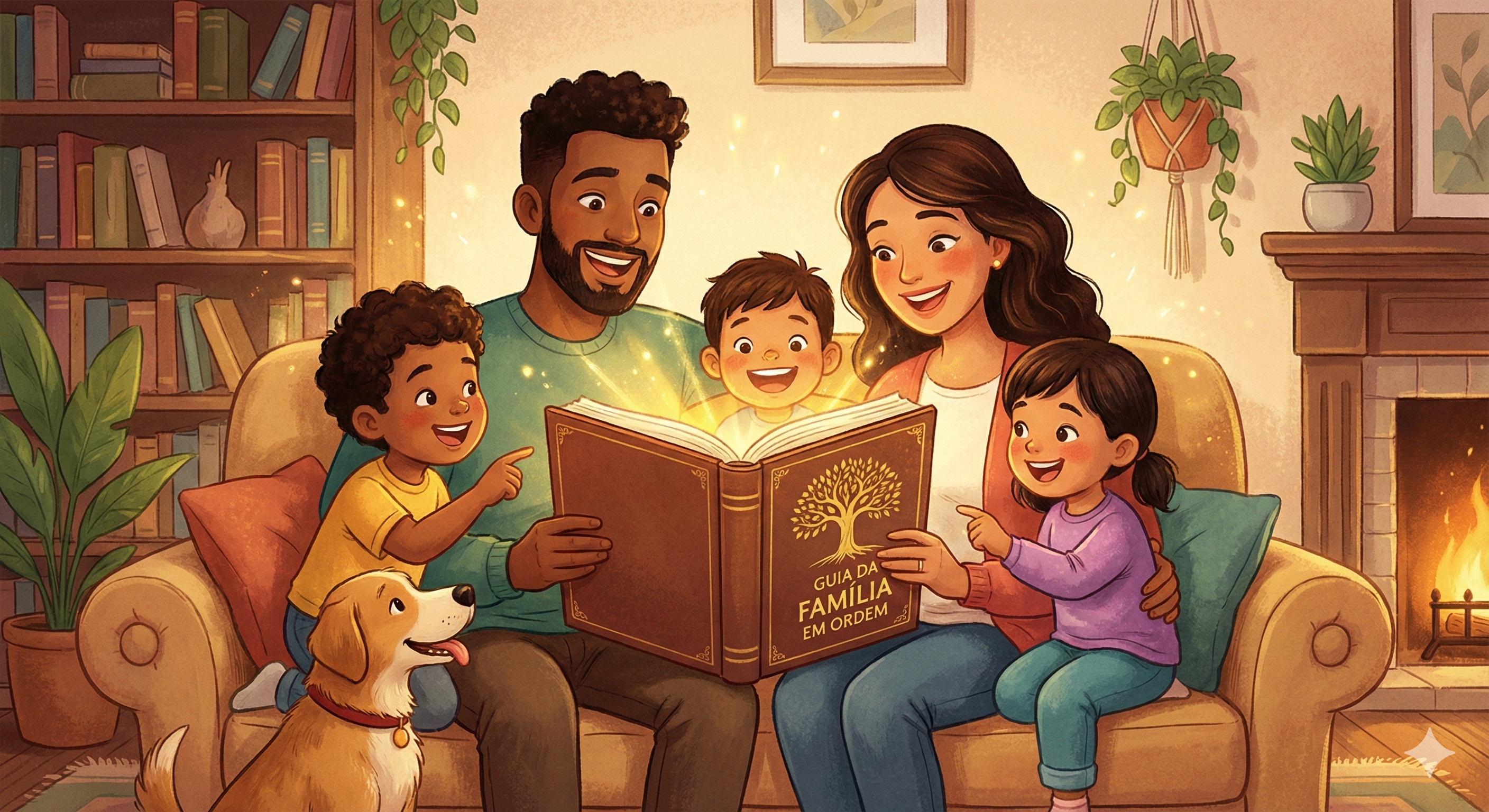 Ilustração da família reunida lendo o guia